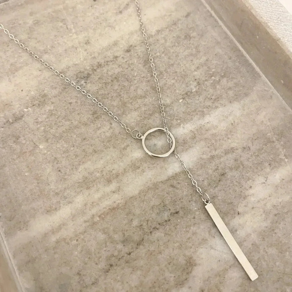 Jewelry - 925 Sterling Silver Long Bar Lariat Necklace Long Drop Circle & Bar Necklace